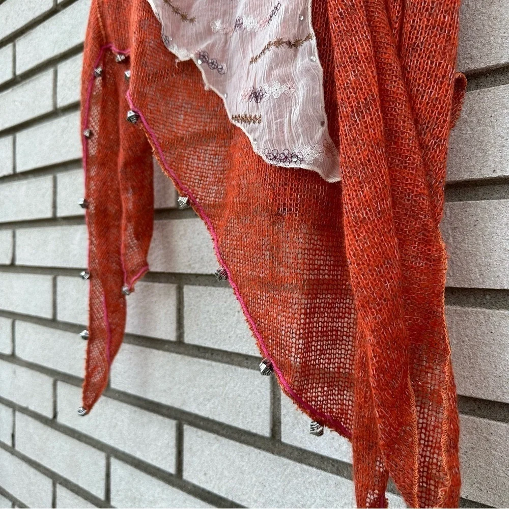 NWT Manyus Burnt Orange Mixed Media Scarf Sheer Embroidered Panel Beaded Fringe